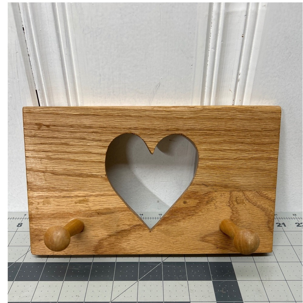 Vtg Handmade Wood Wall Rack Brown Heart Cutout 2-Peg Rustic Oak 1992 Cottagecore